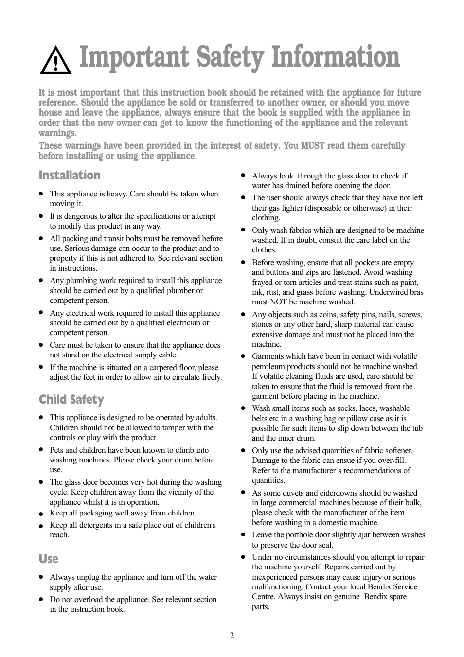 Important safety information, Installation, Child safety | Tricity Bendix BIW 103 W User Manual | Page 2 / 28