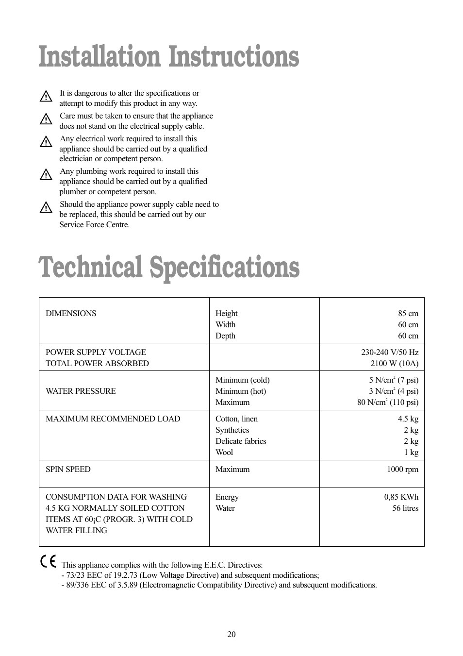 Installation instructions technical specifications | Tricity Bendix BIW 103 W User Manual | Page 20 / 28