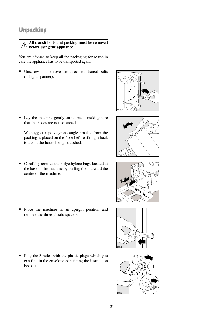 Unpacking | Tricity Bendix BIW 103 W User Manual | Page 21 / 28