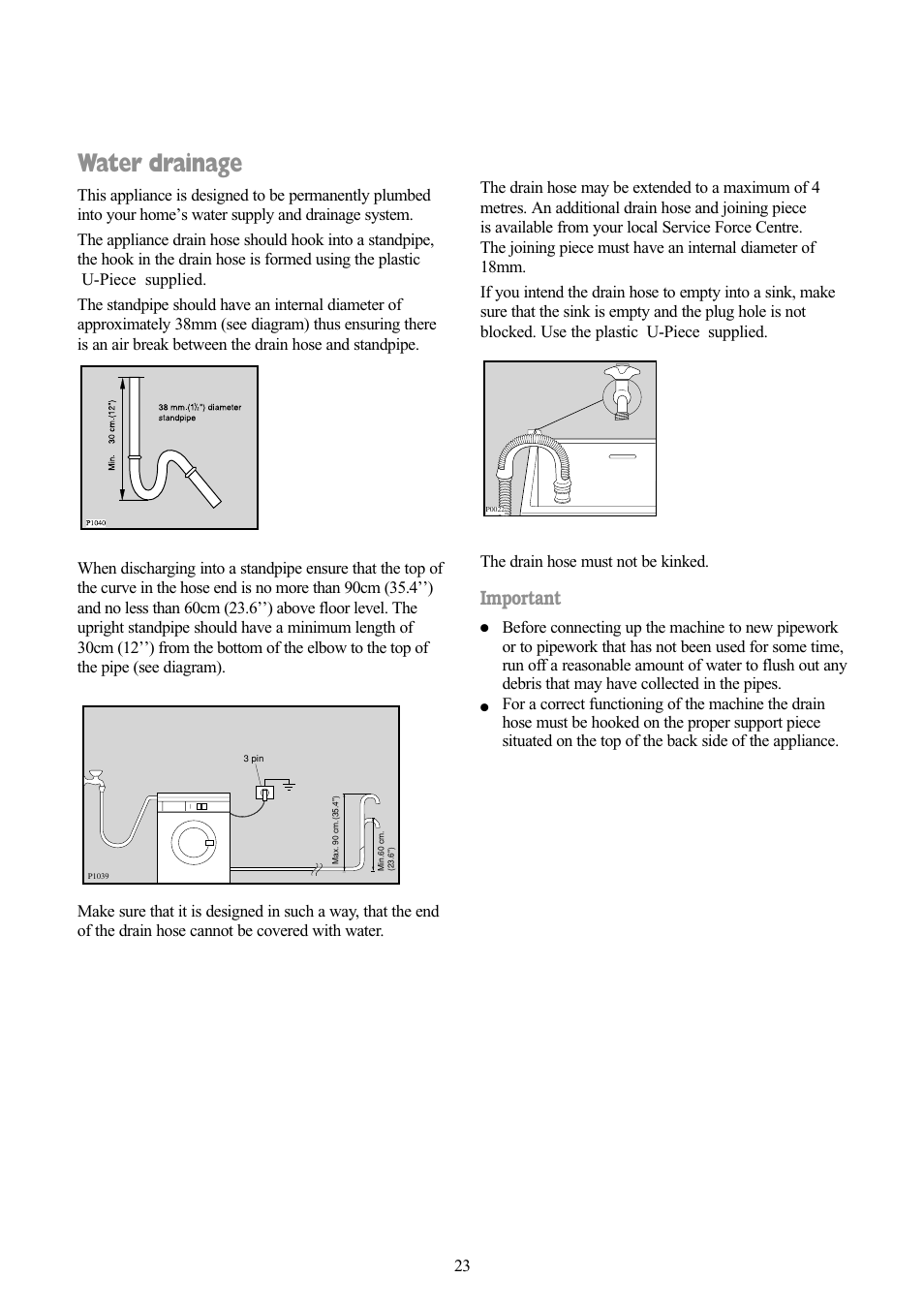 Water drainage, Important | Tricity Bendix BIW 103 W User Manual | Page 23 / 28