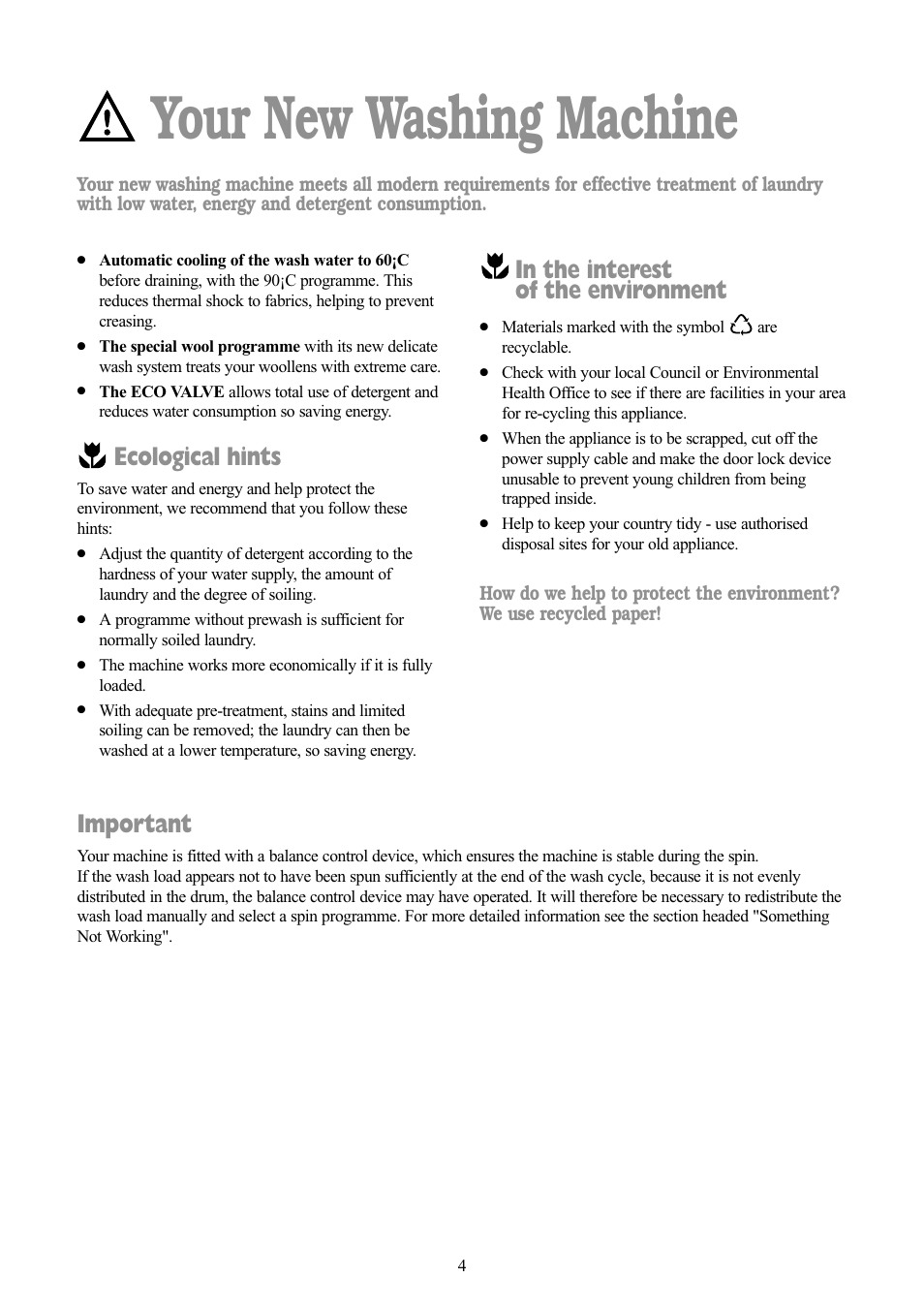 Your new washing machine, Ecological hints, Important | Tricity Bendix BIW 103 W User Manual | Page 4 / 28