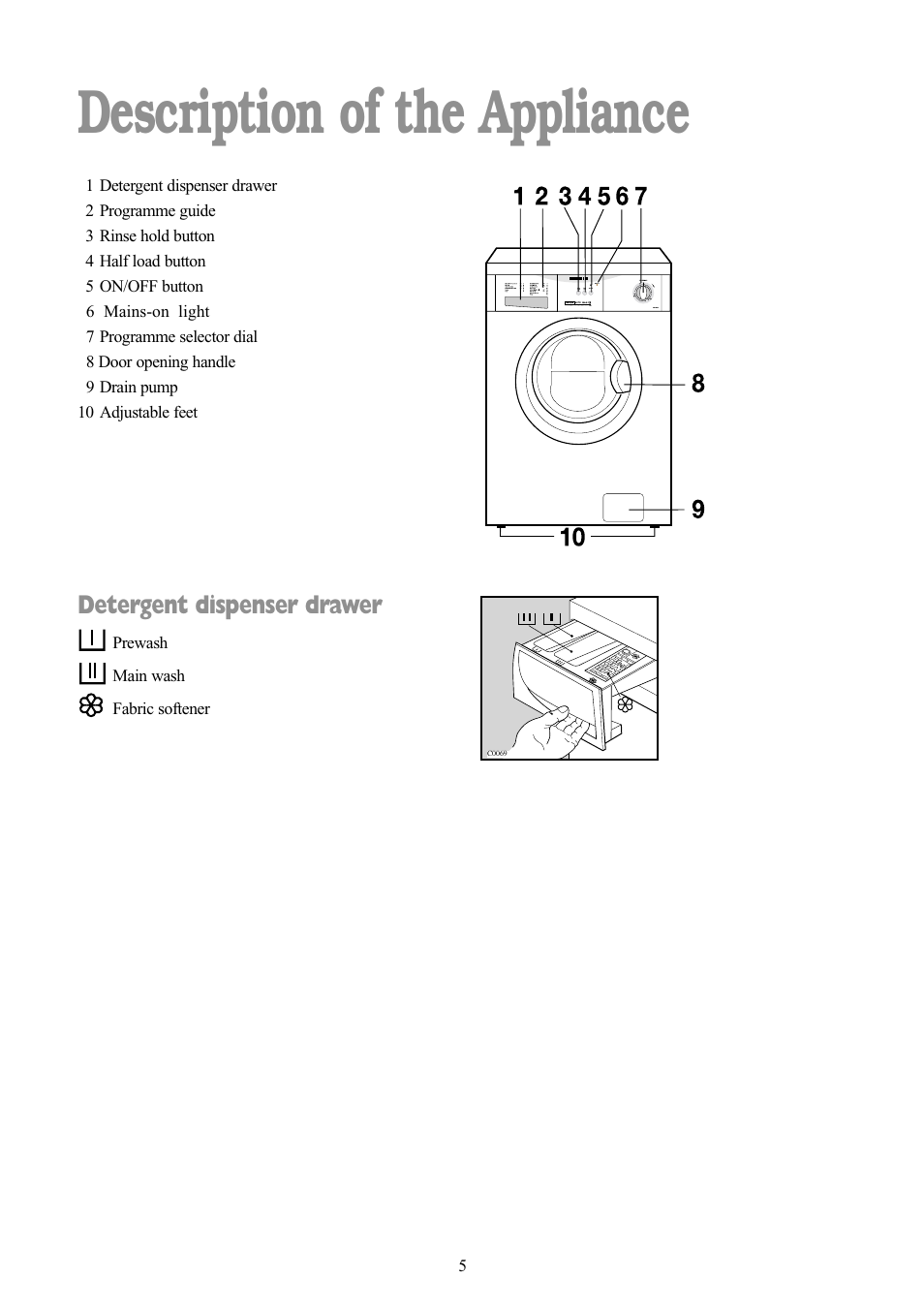 Description of the appliance, Detergent dispenser drawer | Tricity Bendix BIW 103 W User Manual | Page 5 / 28