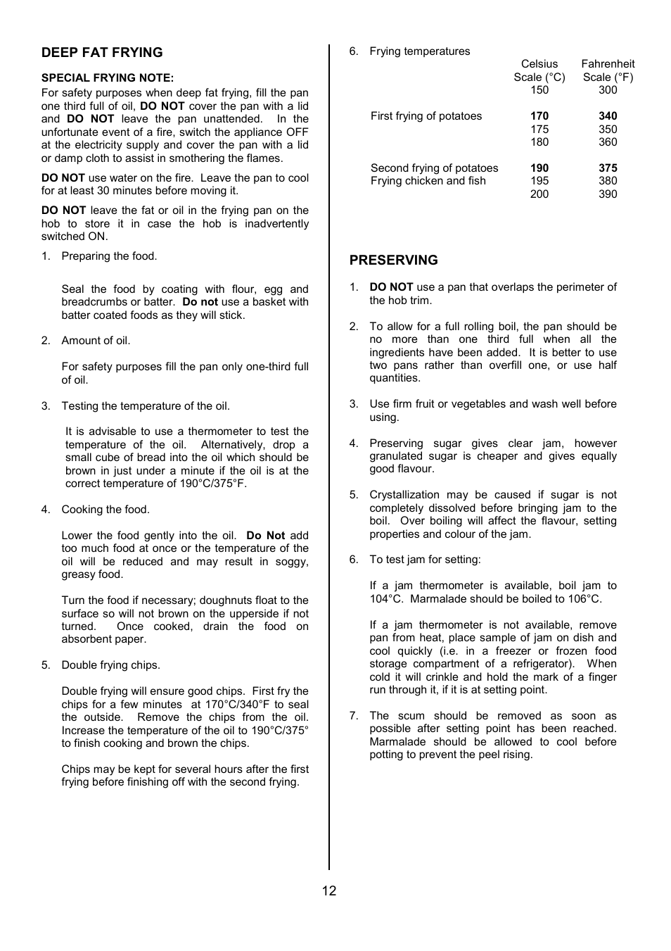 12 deep fat frying, Preserving | Tricity Bendix SIE305 User Manual | Page 12 / 28