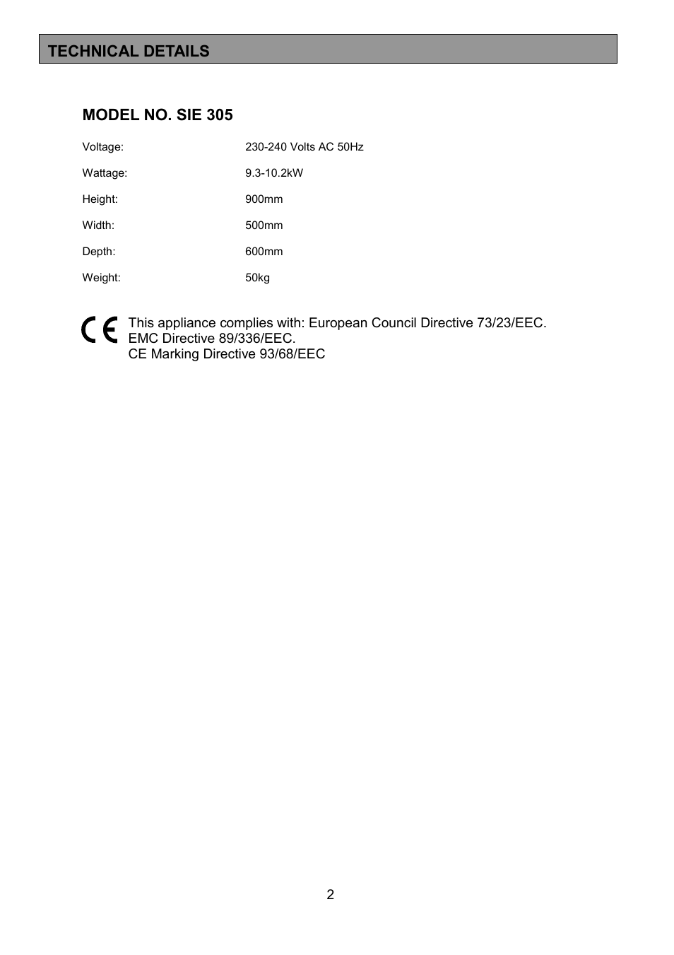 Model no. sie 305, Technical details | Tricity Bendix SIE305 User Manual | Page 2 / 28