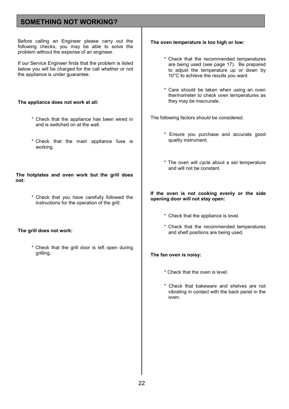 Something not working | Tricity Bendix SIE305 User Manual | Page 22 / 28