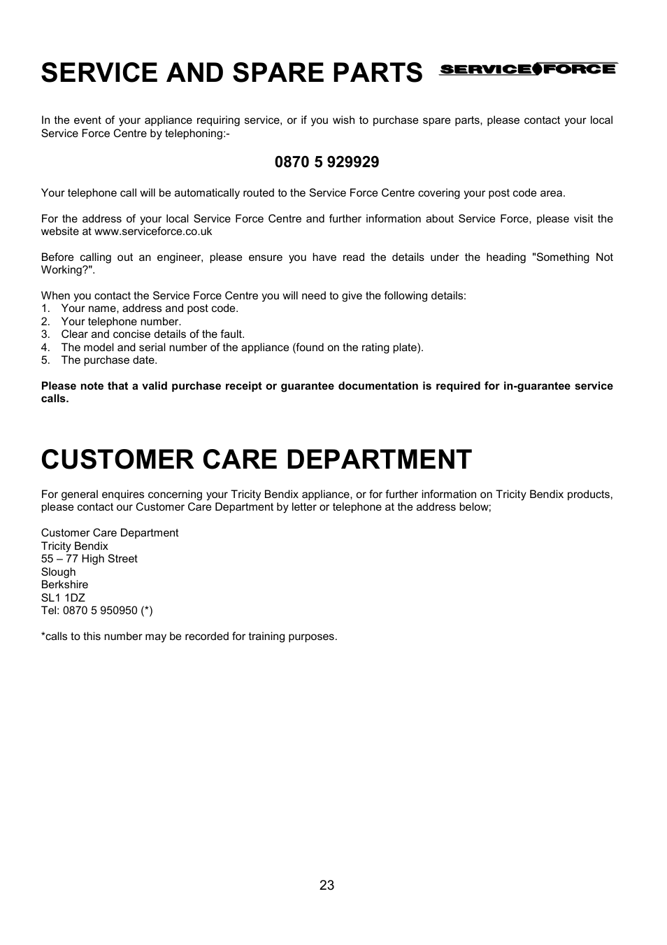 Service and spare parts, Customer care department | Tricity Bendix SIE305 User Manual | Page 23 / 28