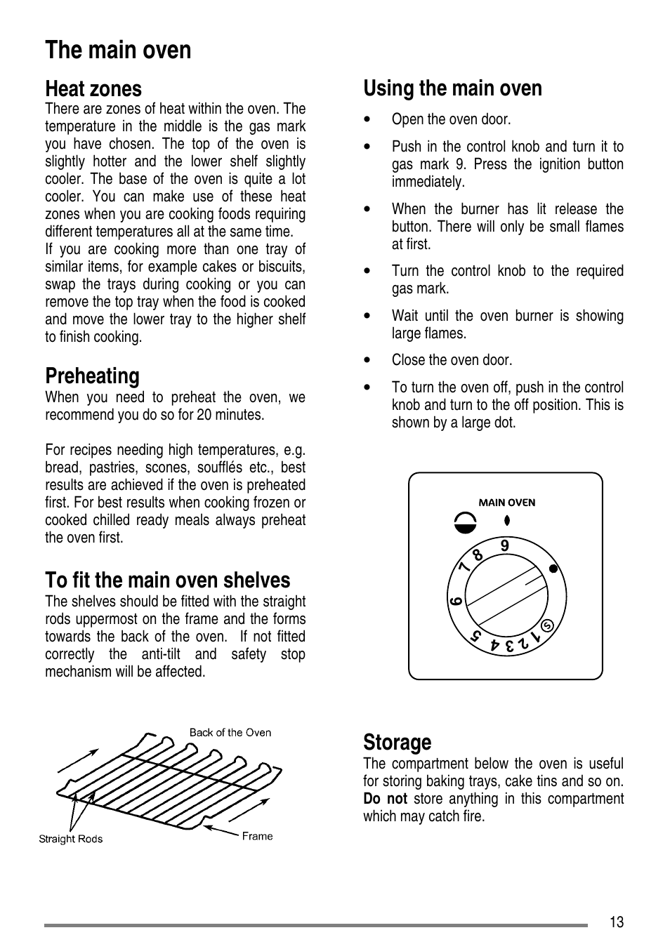 The main oven, Heat zones, Preheating | Using the main oven, Storage | Tricity Bendix L50M2 User Manual | Page 13 / 36