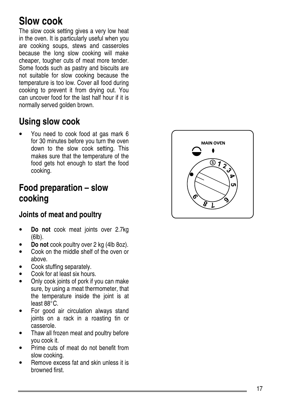 Slow cook, Using slow cook, Food preparation – slow cooking | Joints of meat and poultry | Tricity Bendix L50M2 User Manual | Page 17 / 36