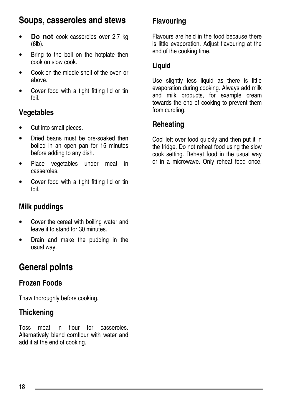 Soups, casseroles and stews, General points, Vegetables | Milk puddings, Frozen foods, Thickening, Flavouring, Reheating | Tricity Bendix L50M2 User Manual | Page 18 / 36