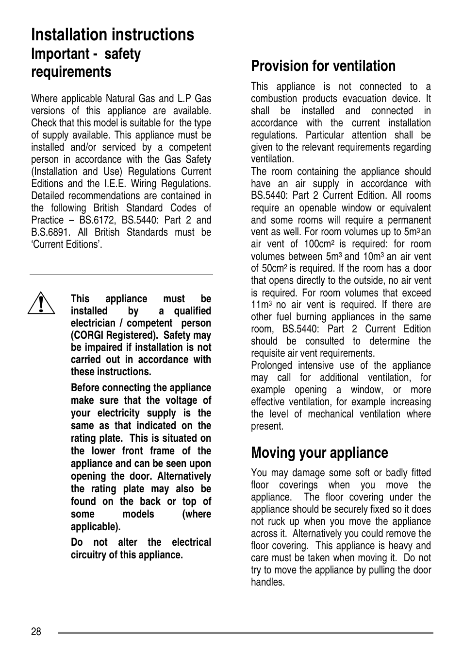Installation instructions, Important - safety requirements, Provision for ventilation | Moving your appliance | Tricity Bendix L50M2 User Manual | Page 28 / 36