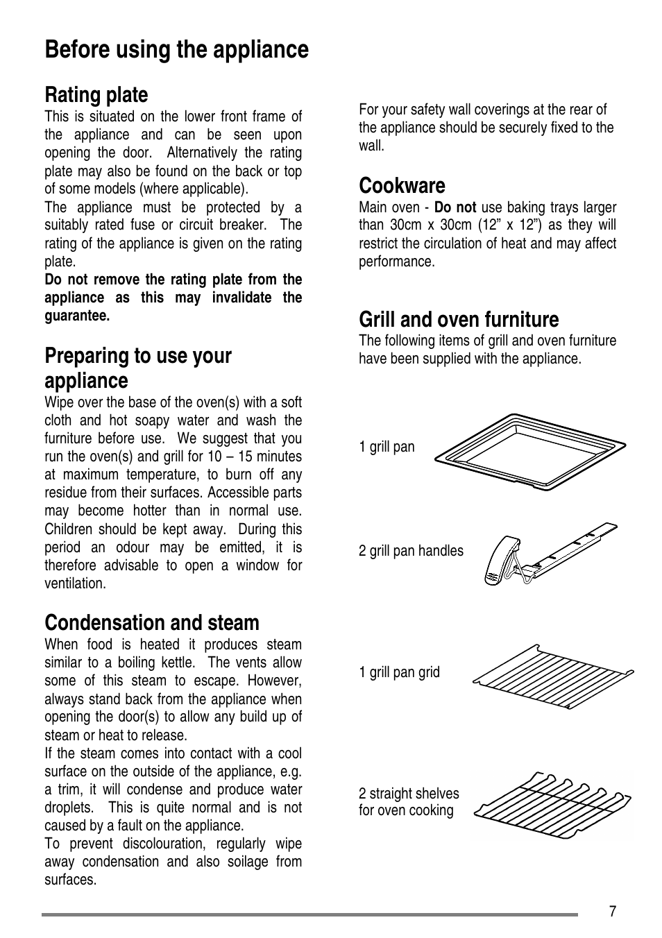 Before using the appliance, Rating plate, Preparing to use your appliance | Condensation and steam, Cookware, Grill and oven furniture | Tricity Bendix L50M2 User Manual | Page 7 / 36