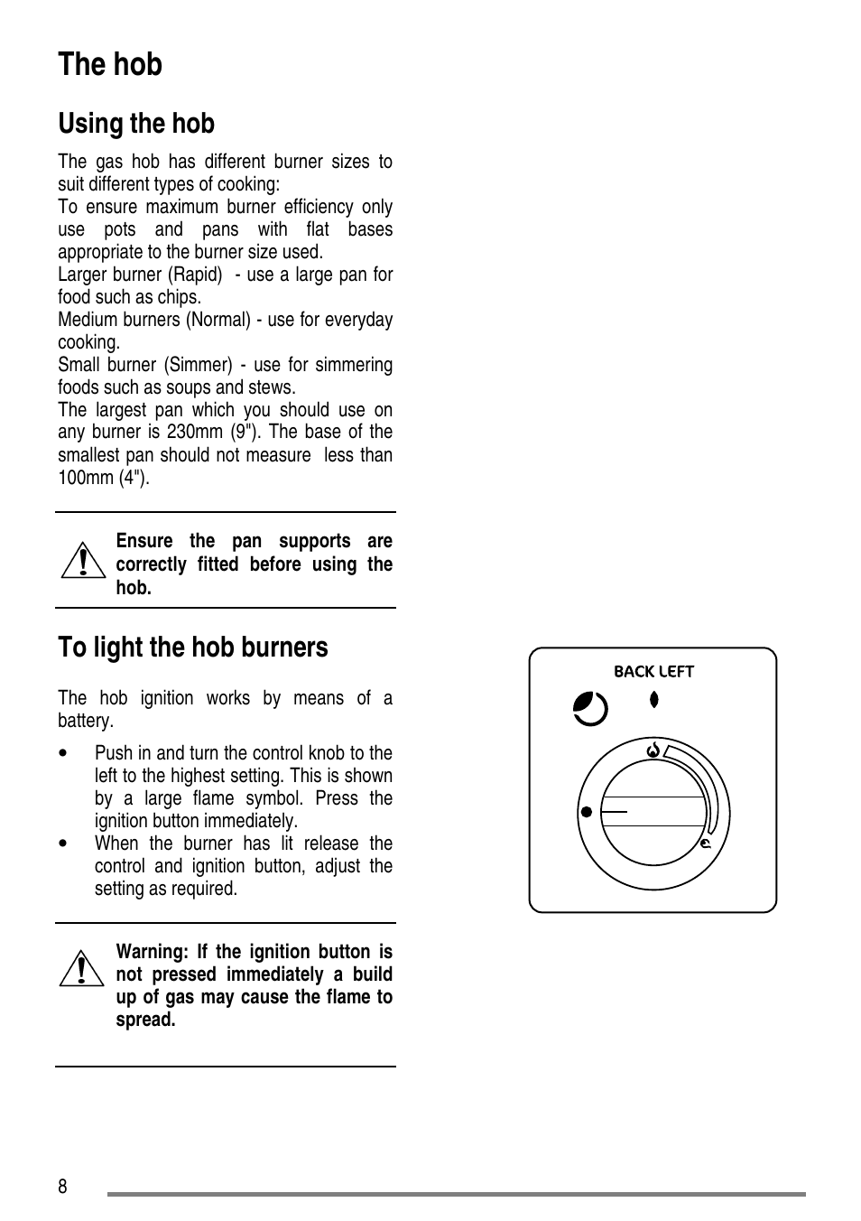 The hob, Using the hob | Tricity Bendix L50M2 User Manual | Page 8 / 36