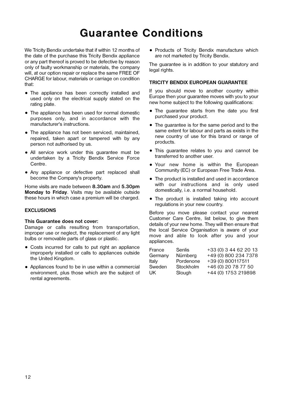 Guar, Guar ant ant ee conditions ee conditions | Tricity Bendix TB 45 UF User Manual | Page 12 / 16