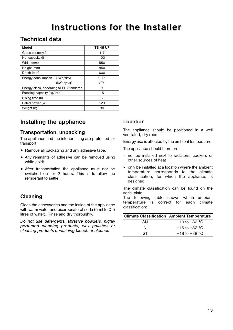 Installing the appliance, Technical data | Tricity Bendix TB 45 UF User Manual | Page 13 / 16