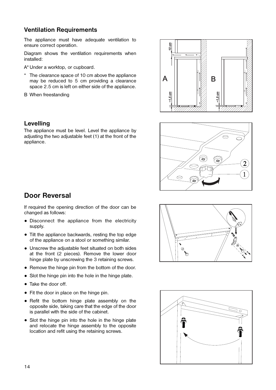 Door reversal, Levelling, Ventilation requirements | Tricity Bendix TB 45 UF User Manual | Page 14 / 16