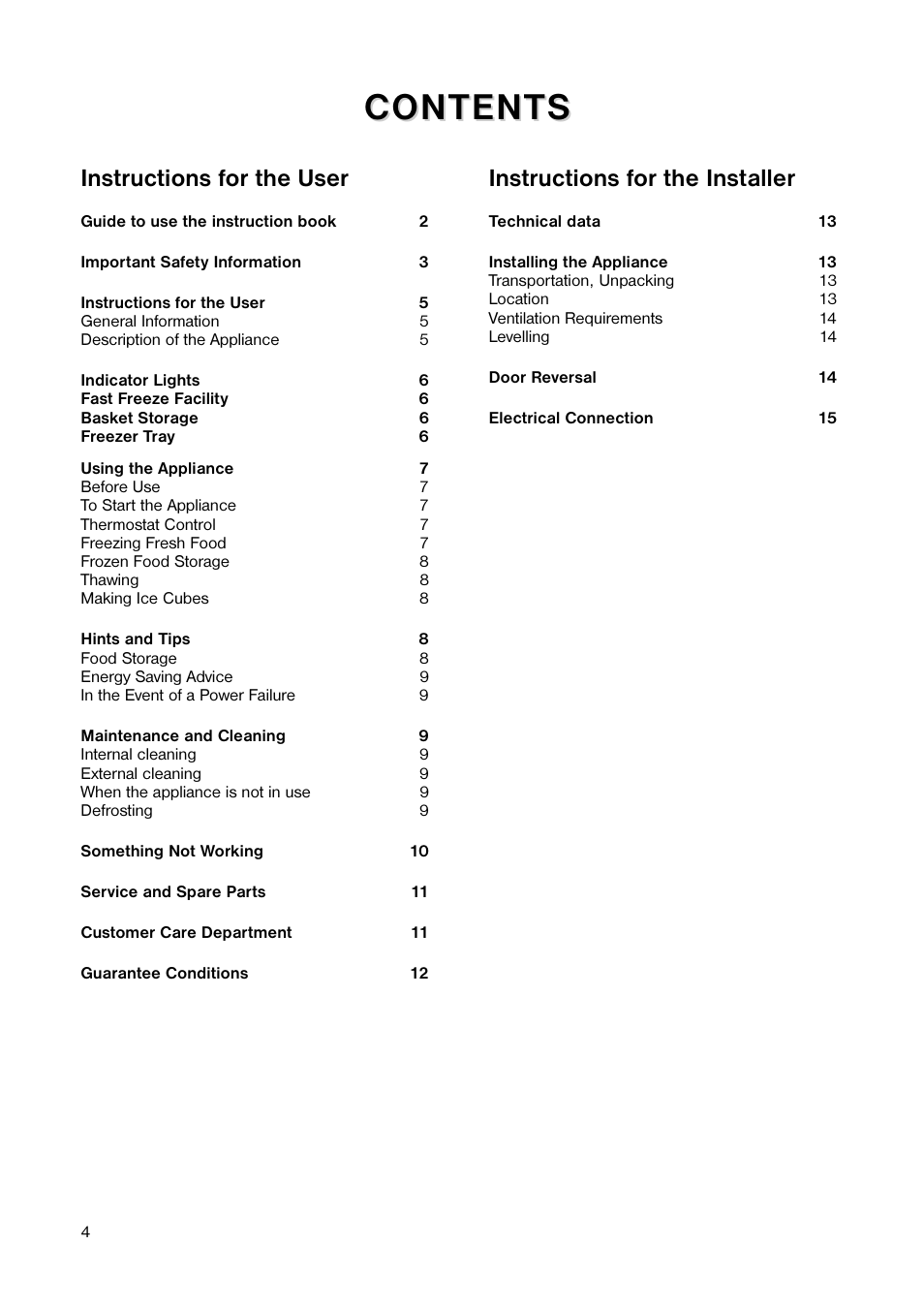 Content, Content s s, Instructions for the user | Instructions for the installer | Tricity Bendix TB 45 UF User Manual | Page 4 / 16