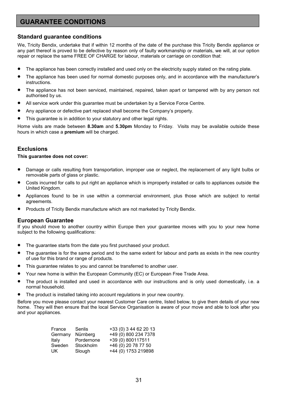 Guarantee conditions | Tricity Bendix RE50GC User Manual | Page 31 / 32