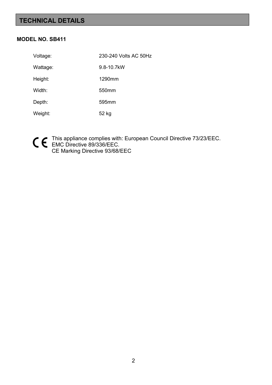 Technical details | Tricity Bendix SB411 User Manual | Page 2 / 24