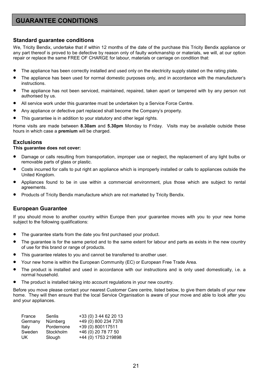Guarantee conditions | Tricity Bendix SB411 User Manual | Page 21 / 24
