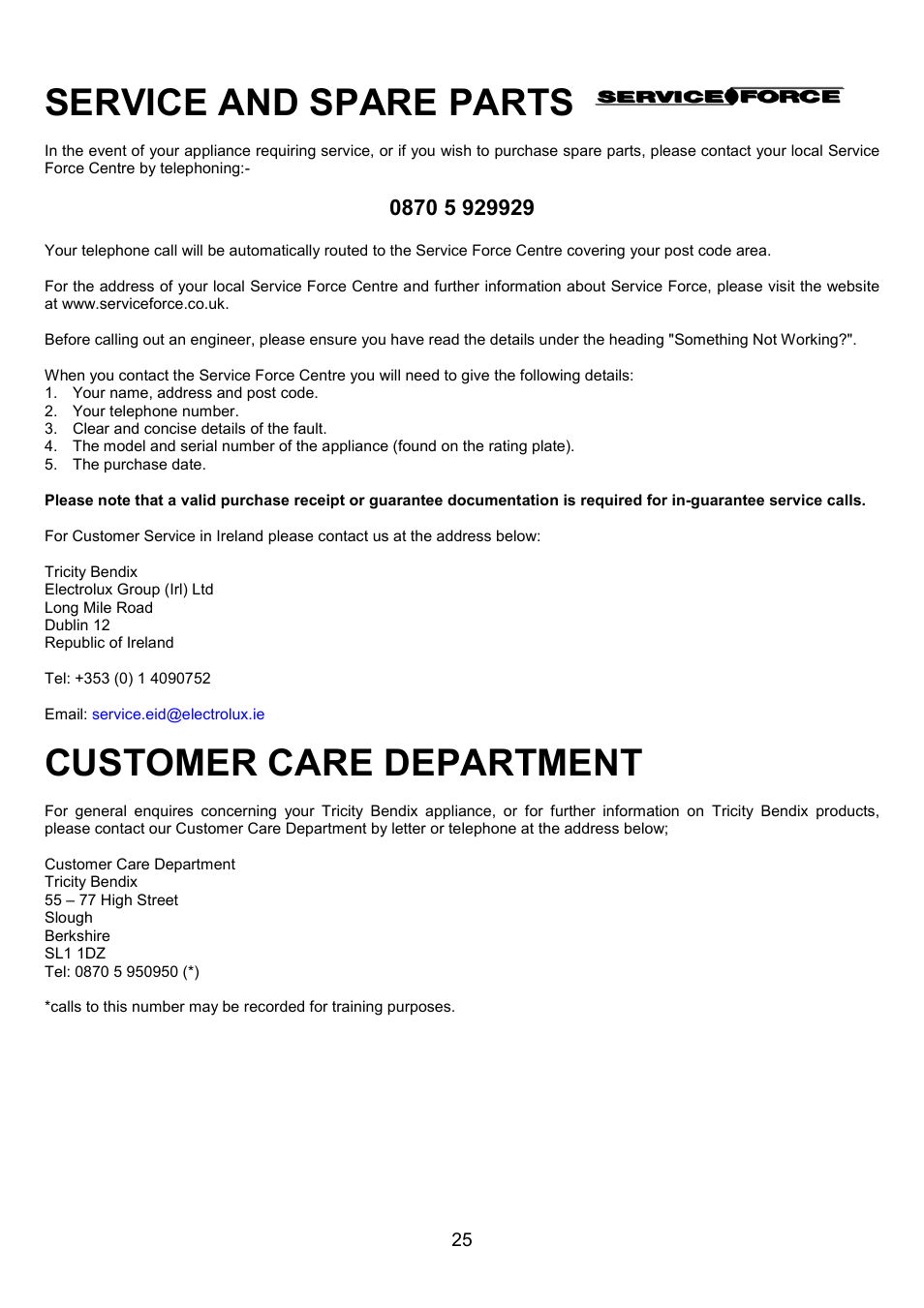 Service and spare parts, Customer care department | Tricity Bendix SE402 User Manual | Page 25 / 28