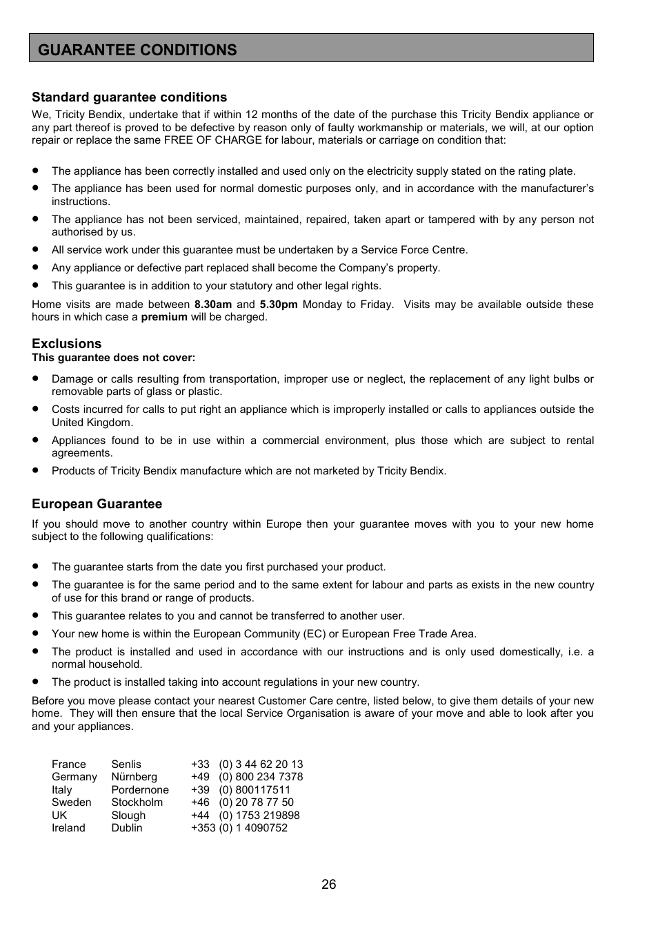 Guarantee conditions | Tricity Bendix SE402 User Manual | Page 26 / 28