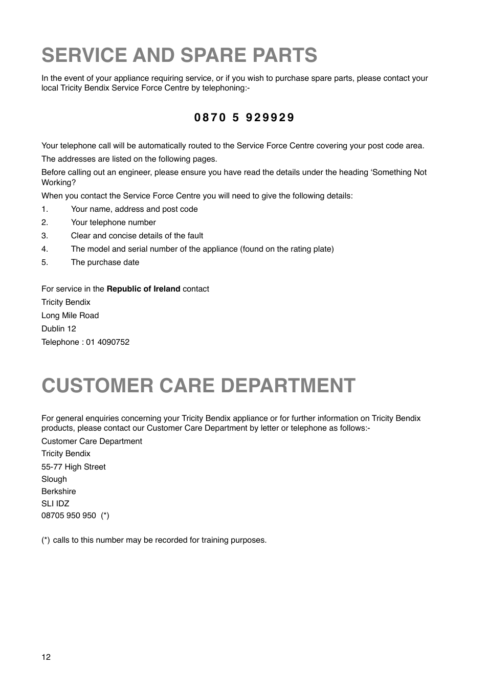 Service and spare parts customer care department | Tricity Bendix FD 852 A User Manual | Page 12 / 20