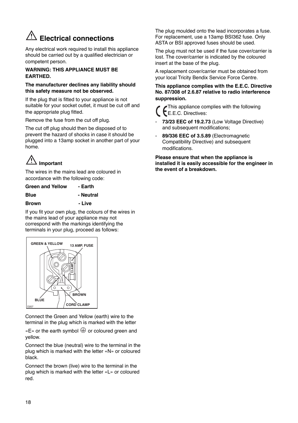 Electrical connections | Tricity Bendix FD 852 A User Manual | Page 18 / 20