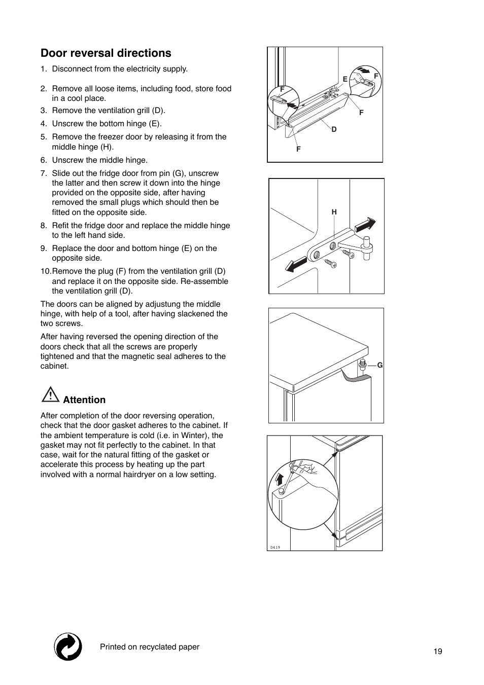 Door reversal directions, Attention | Tricity Bendix FD 852 A User Manual | Page 19 / 20