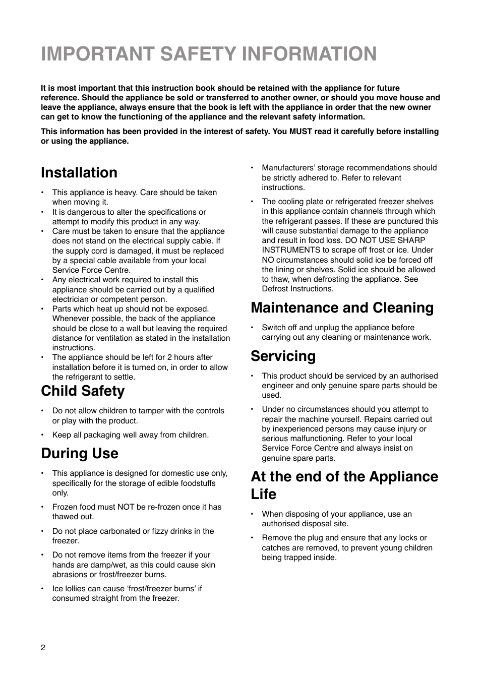 Important safety information, Installation, Child safety | During use, Maintenance and cleaning, Servicing, At the end of the appliance life | Tricity Bendix FD 852 A User Manual | Page 2 / 20