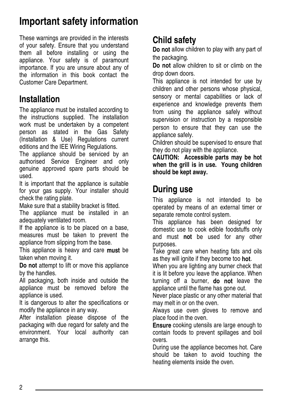 Important safety information, Installation, Child safety | During use | Tricity Bendix CC500/1 User Manual | Page 2 / 36