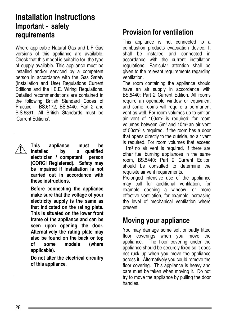 Installation instructions, Important - safety requirements, Provision for ventilation | Moving your appliance | Tricity Bendix CC500/1 User Manual | Page 28 / 36