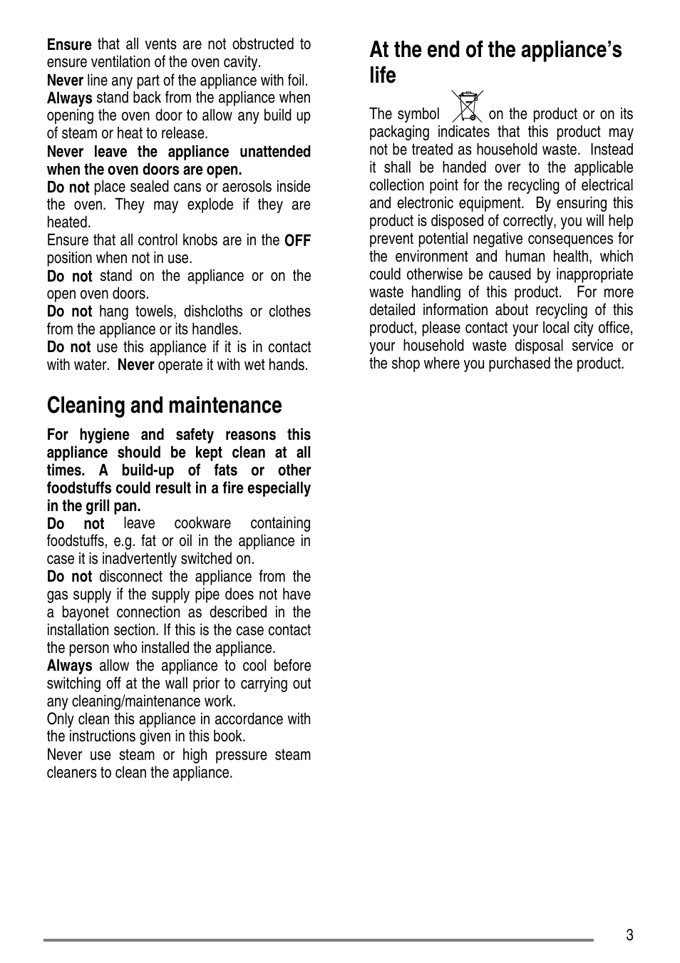 Cleaning and maintenance, At the end of the appliance’s life | Tricity Bendix CC500/1 User Manual | Page 3 / 36