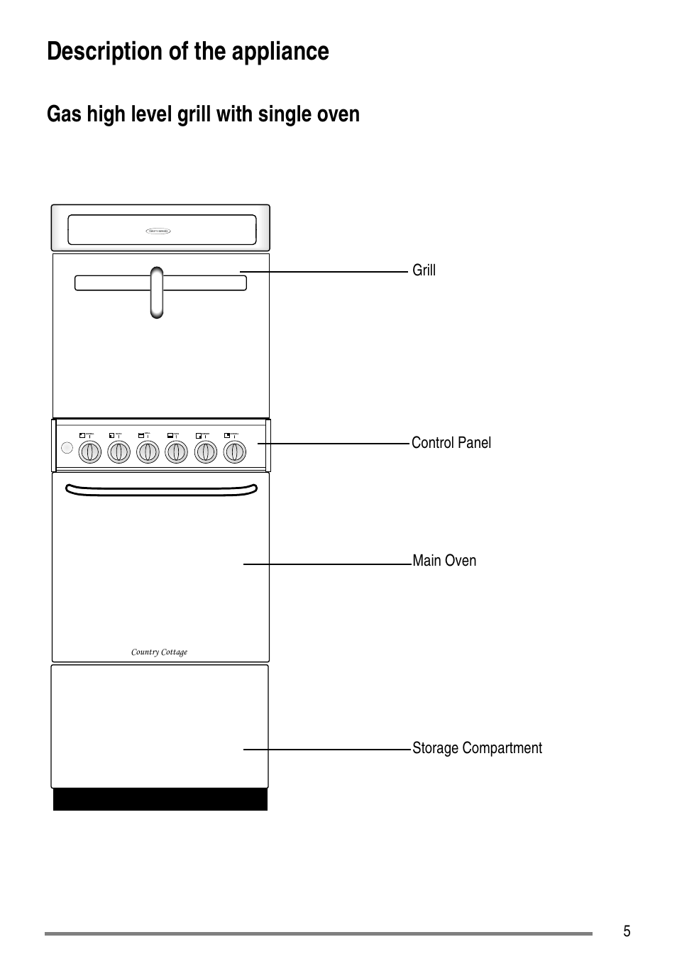 Description of the appliance, Gas high level grill with single oven, Storage compartment main oven control panel grill | Tricity Bendix CC500/1 User Manual | Page 5 / 36