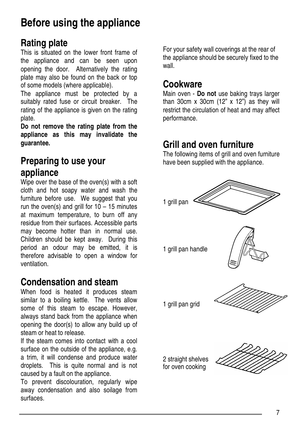 Before using the appliance, Rating plate, Preparing to use your appliance | Condensation and steam, Cookware, Grill and oven furniture | Tricity Bendix CC500/1 User Manual | Page 7 / 36