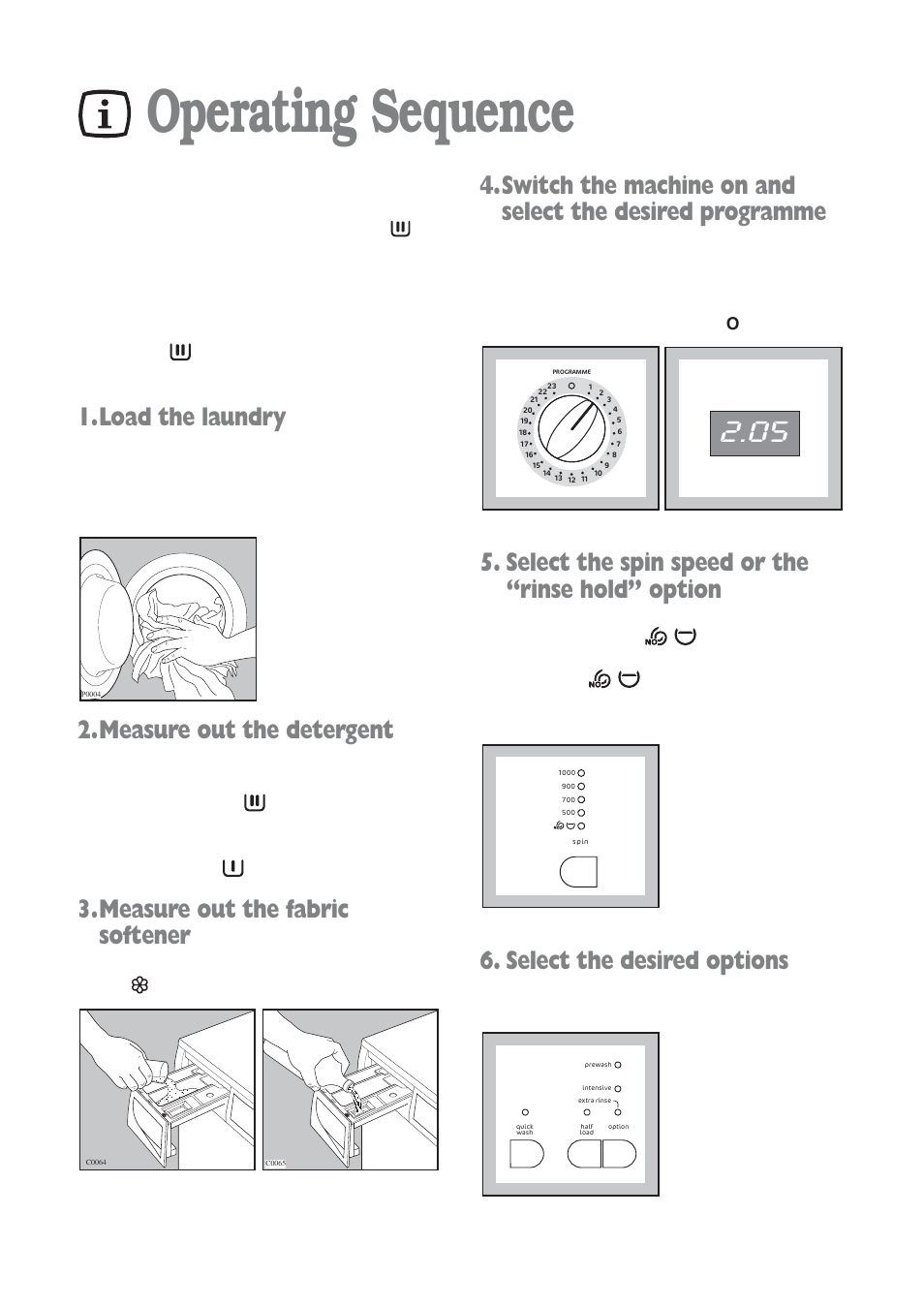 Operating sequence, Load the laundry, Measure out the detergent | Measure out the fabric softener, Select the spin speed or the “rinse hold” option, Select the desired options | Tricity Bendix WDR 1241 User Manual | Page 10 / 30