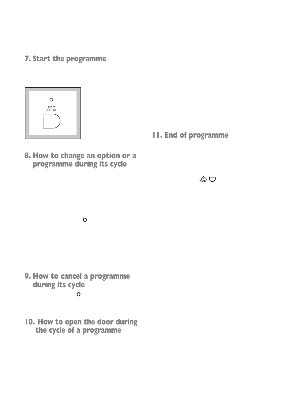 Start the programme, How to cancel a programme during its cycle, End of programme | Tricity Bendix WDR 1241 User Manual | Page 11 / 30