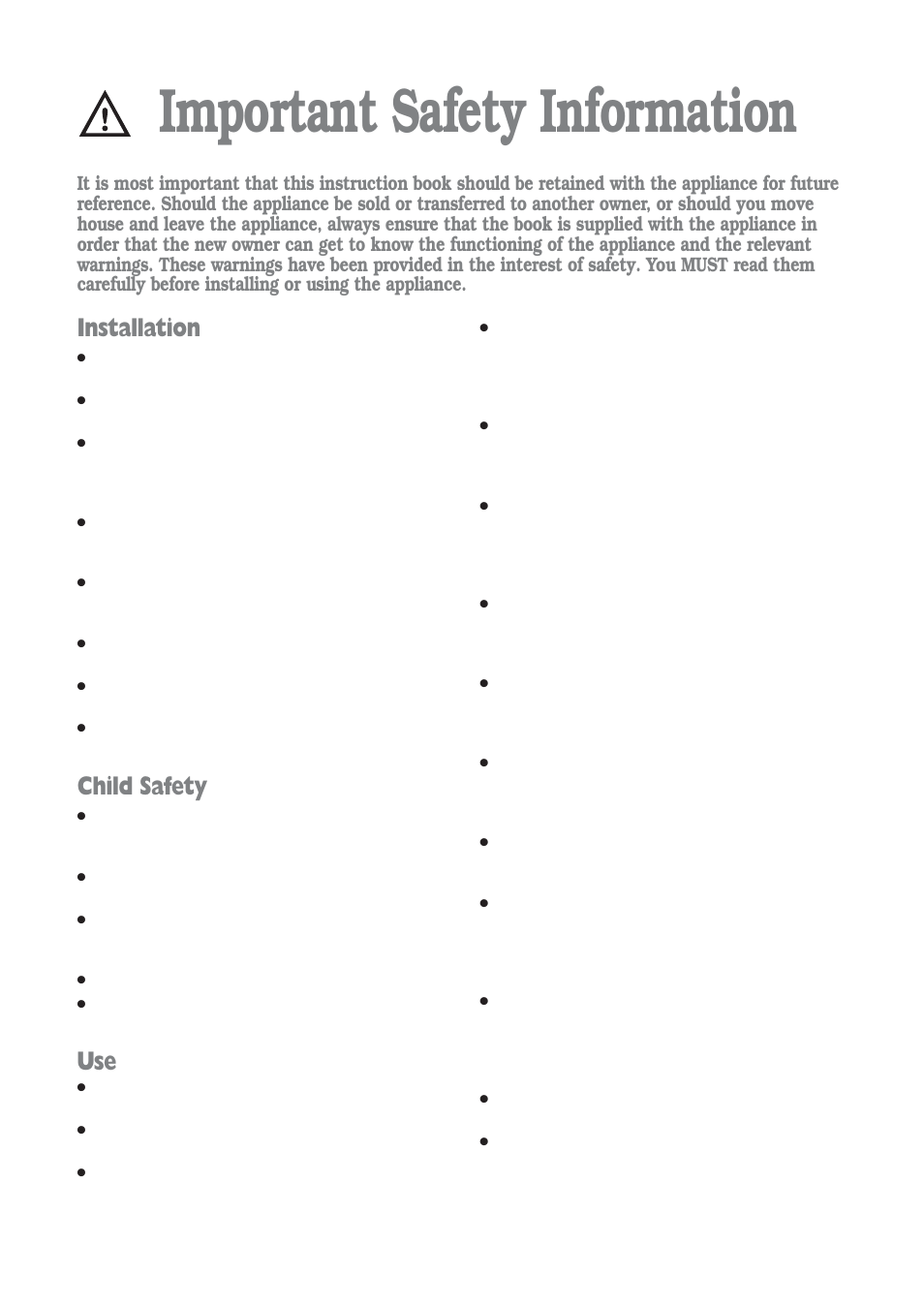 Important safety information, Installation, Child safety | Tricity Bendix WDR 1241 User Manual | Page 2 / 30