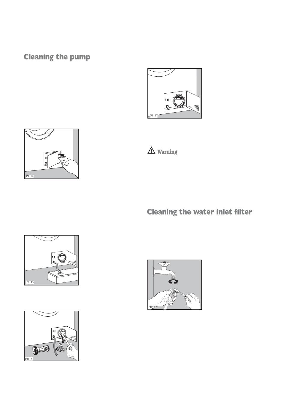 Cleaning the water inlet filter, Cleaning the pump, Warning | Tricity Bendix WDR 1241 User Manual | Page 20 / 30