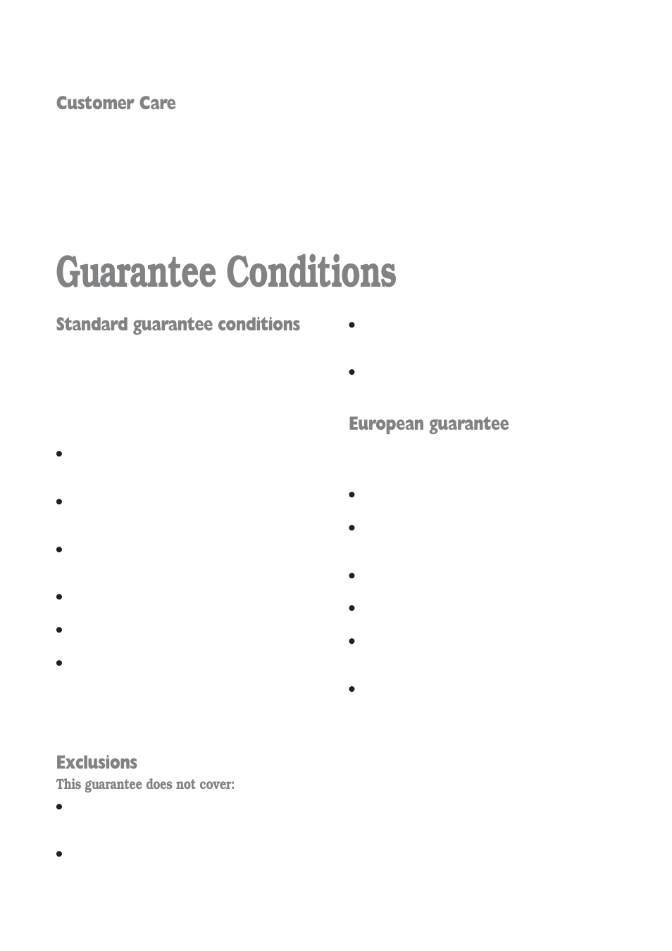 Guarantee conditions, Standard guarantee conditions, Exclusions | European guarantee, Customer care | Tricity Bendix WDR 1241 User Manual | Page 24 / 30