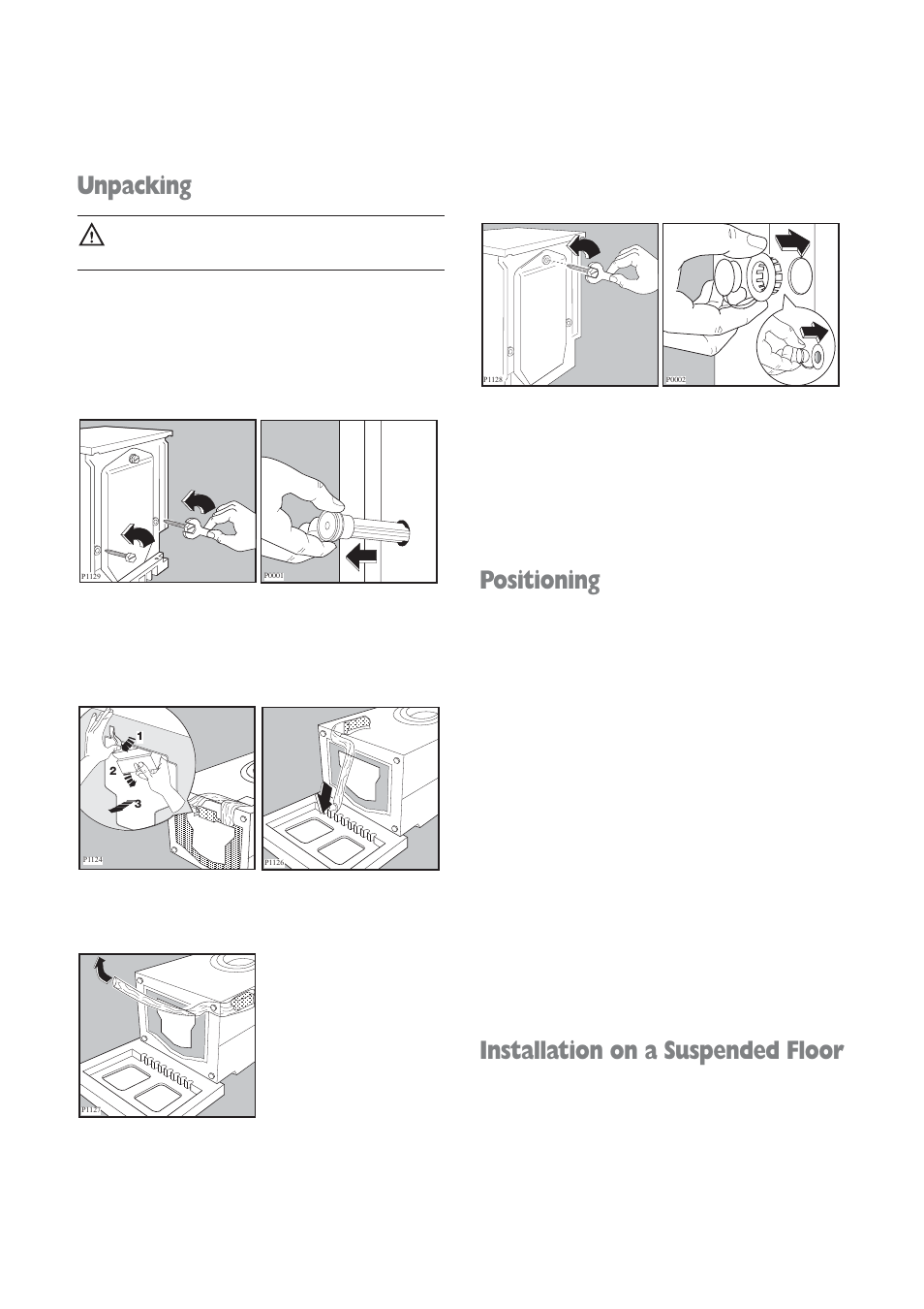 Unpacking, Positioning, Installation on a suspended floor | Tricity Bendix WDR 1241 User Manual | Page 26 / 30