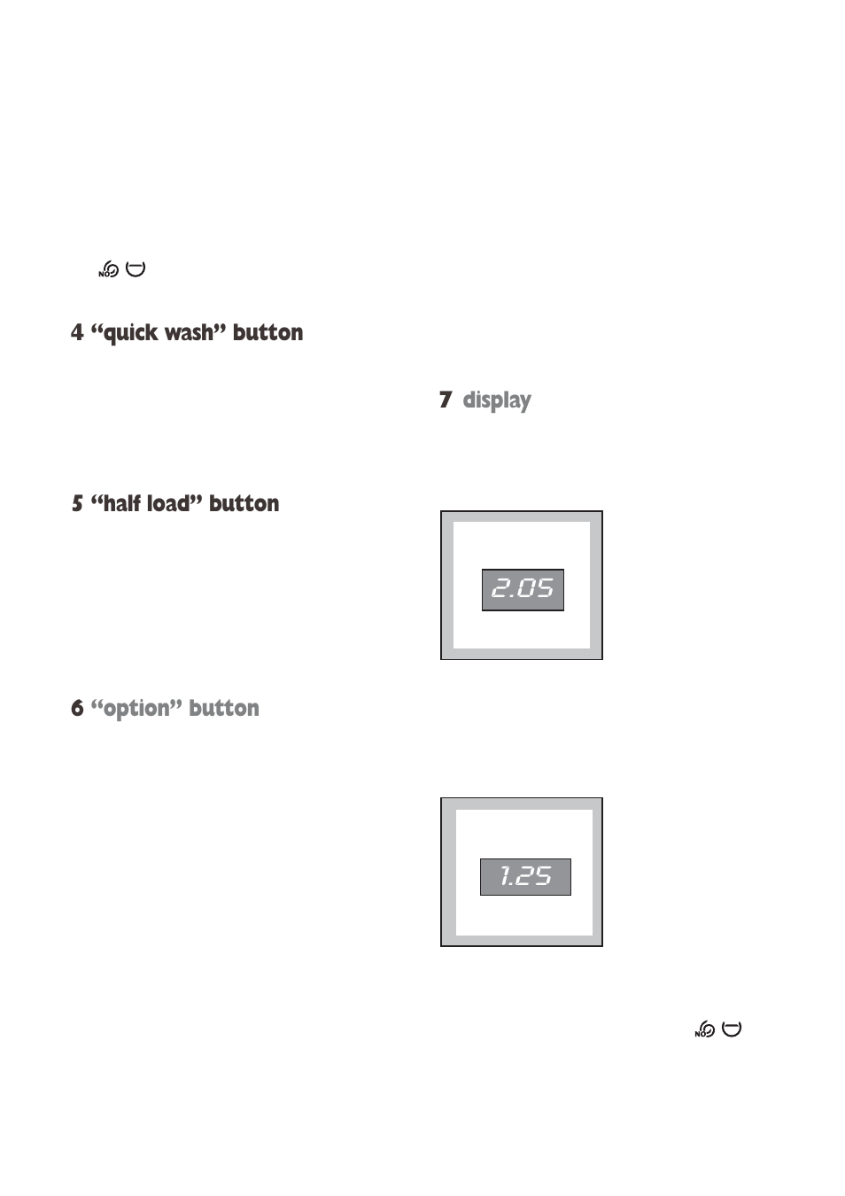 4 “quick wash” button, 5 “half load” button, 6“option” button | 7display | Tricity Bendix WDR 1241 User Manual | Page 7 / 30