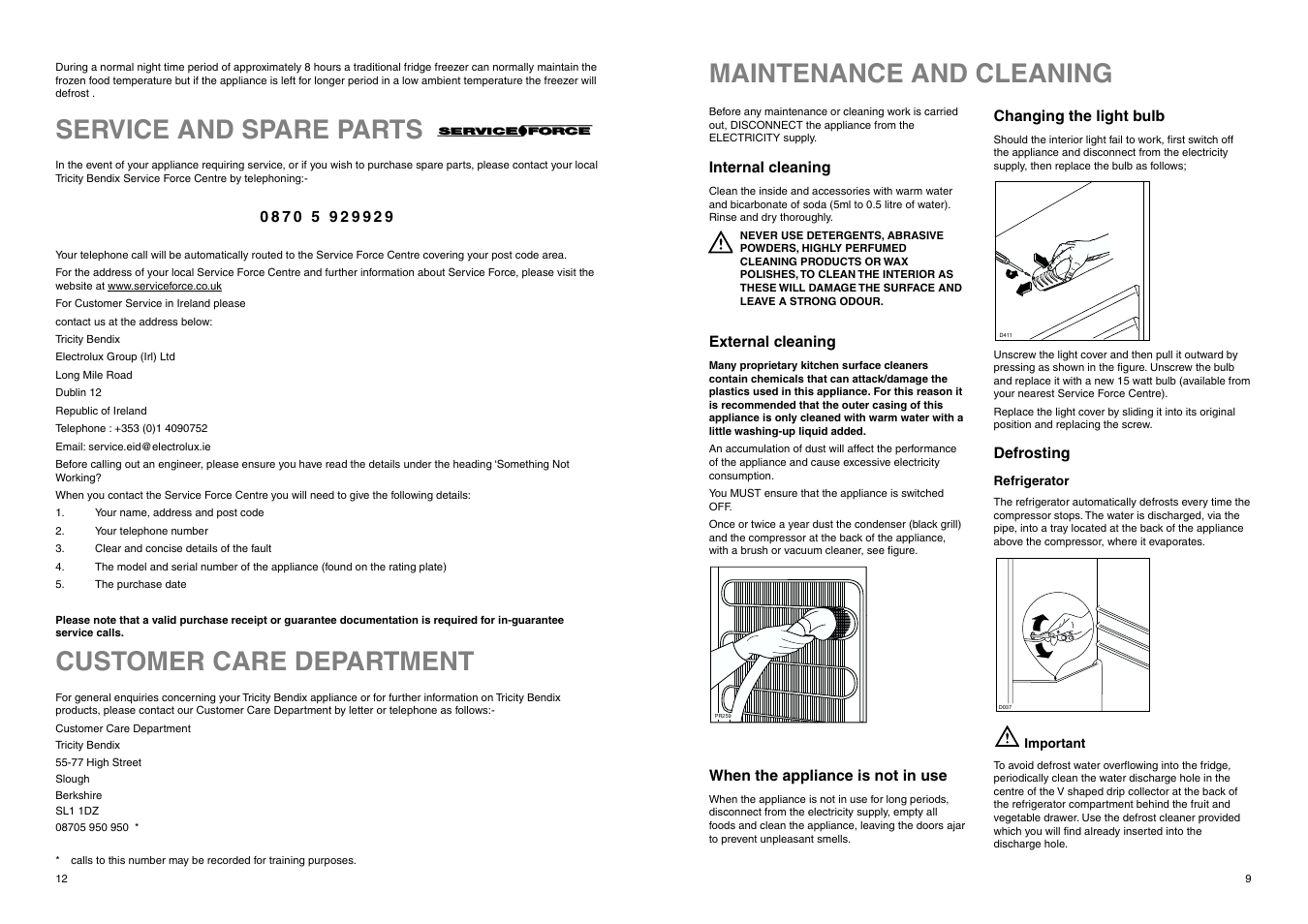 Maintenance and cleaning, Customer care department, Service and spare parts | Tricity Bendix Eco Plus ECD 937 User Manual | Page 12 / 20