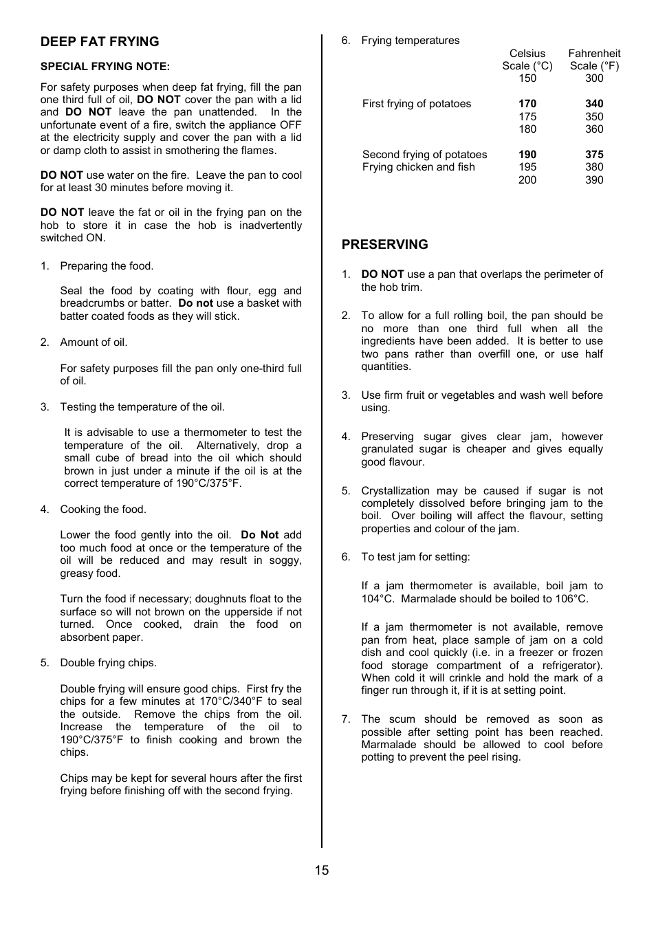 15 deep fat frying, Preserving | Tricity Bendix SB432 User Manual | Page 15 / 32