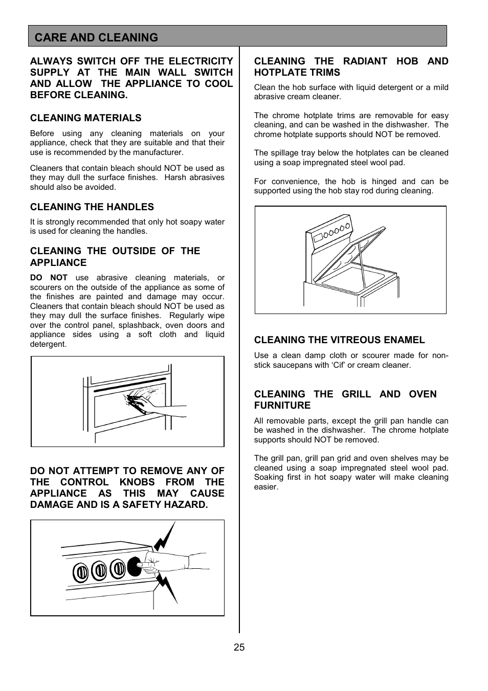 Care and cleaning | Tricity Bendix SB432 User Manual | Page 25 / 32