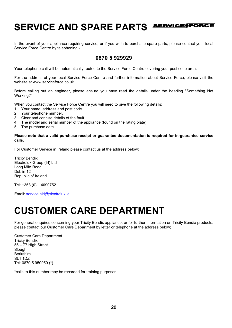 Service and spare parts, Customer care department | Tricity Bendix SB432 User Manual | Page 28 / 32