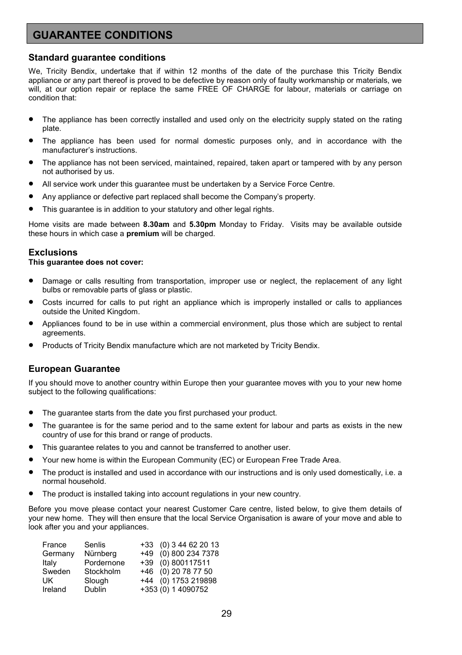 Guarantee conditions | Tricity Bendix SB432 User Manual | Page 29 / 32