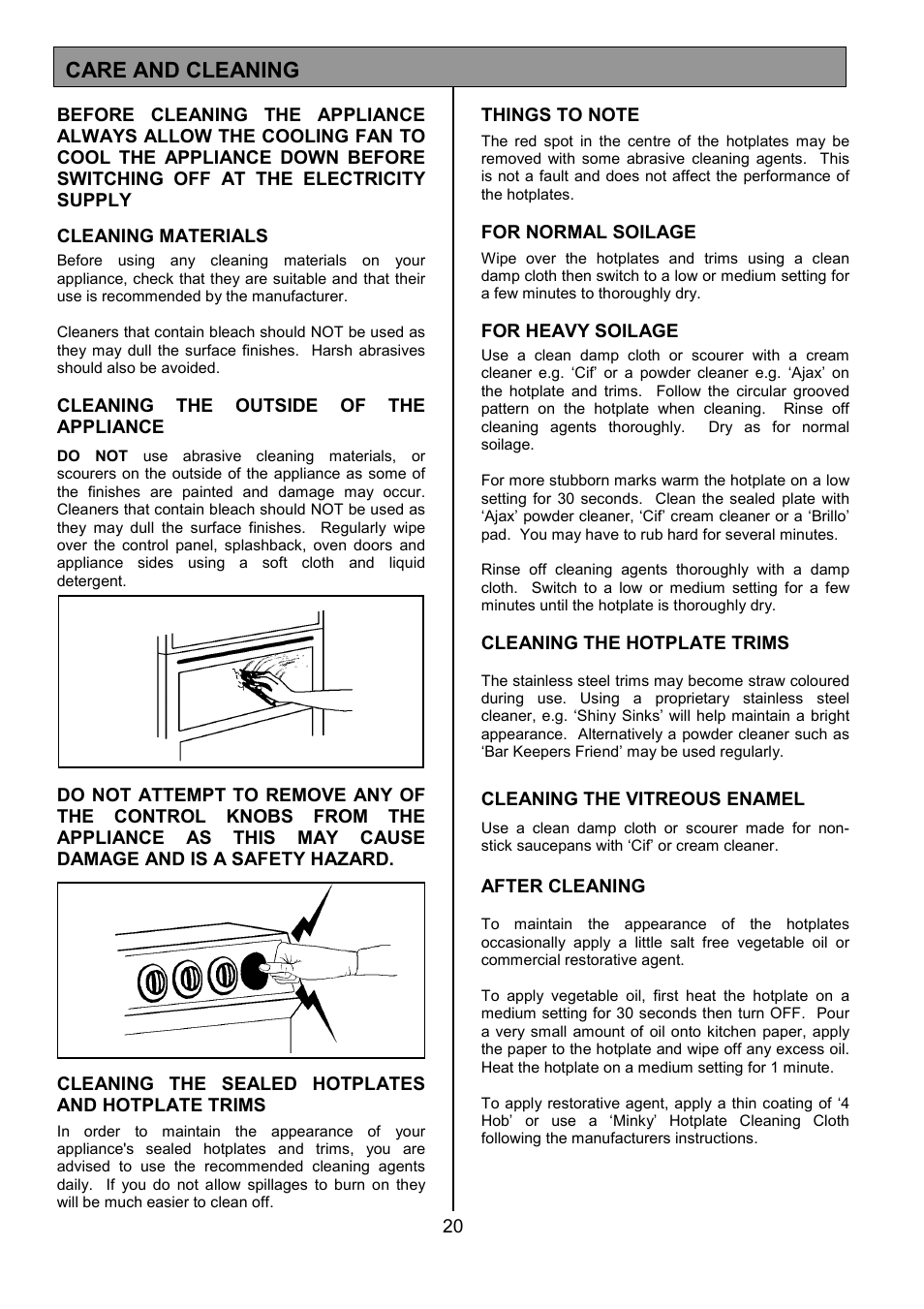 Care and cleaning | Tricity Bendix SE305 User Manual | Page 20 / 28