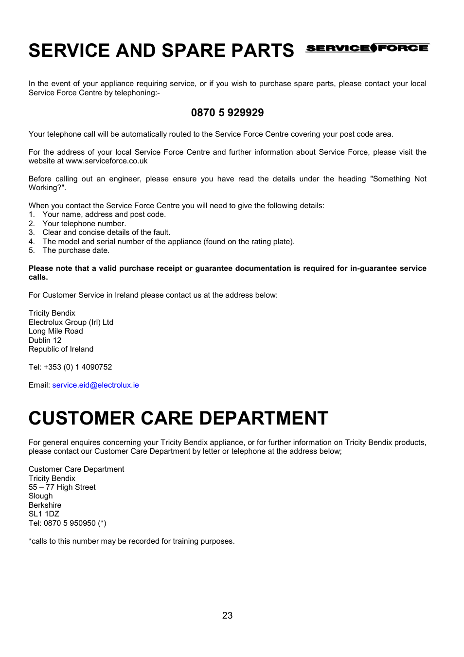 Service and spare parts, Customer care department | Tricity Bendix SE305 User Manual | Page 23 / 28