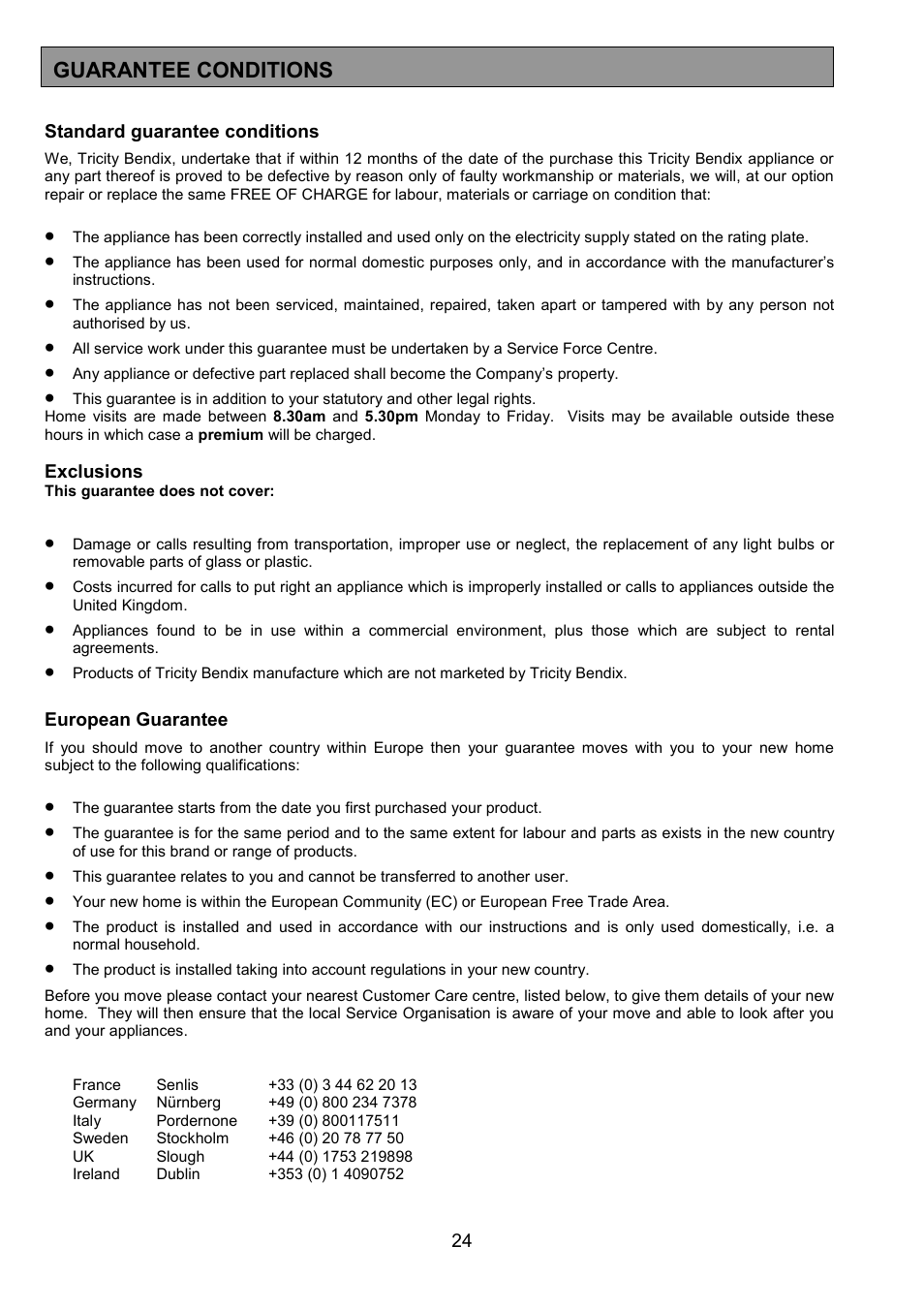Guarantee conditions | Tricity Bendix SE305 User Manual | Page 24 / 28