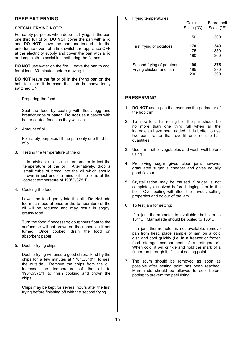 15 deep fat frying, Preserving | Tricity Bendix SIE325 User Manual | Page 15 / 32